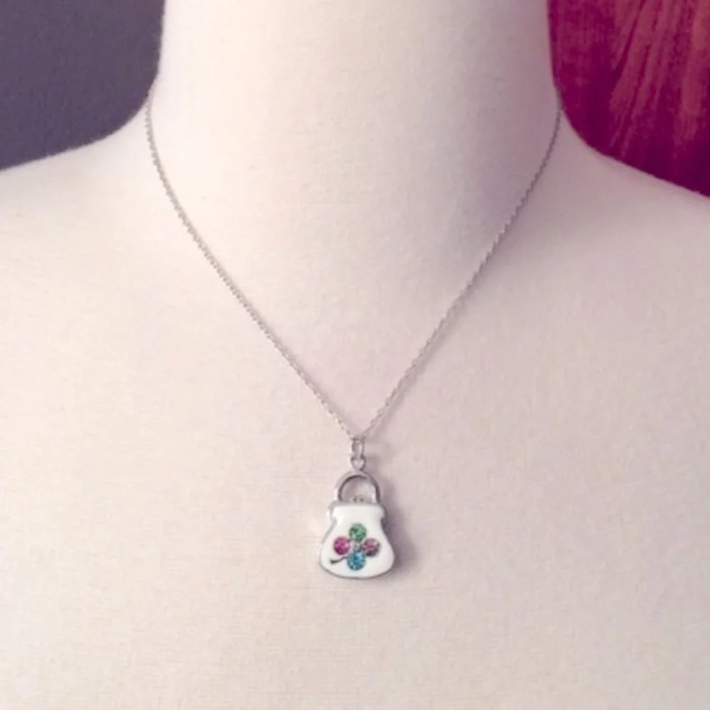 Vintage White Enamel Sterling Silver Rhodium Plated Crystal Purse Necklace